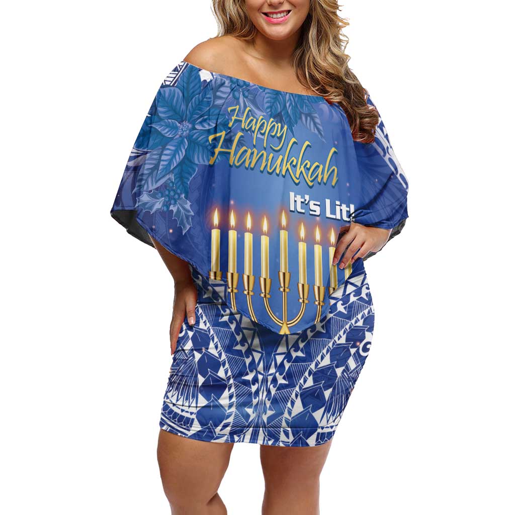 Personalised Hanukkah Jewish Festival Off Shoulder Short Dress It's Lit - Polynesian Pattern