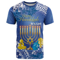 Personalised Hanukkah Jewish Festival T Shirt It's Lit - Polynesian Pattern LT14 Blue - Polynesian Pride