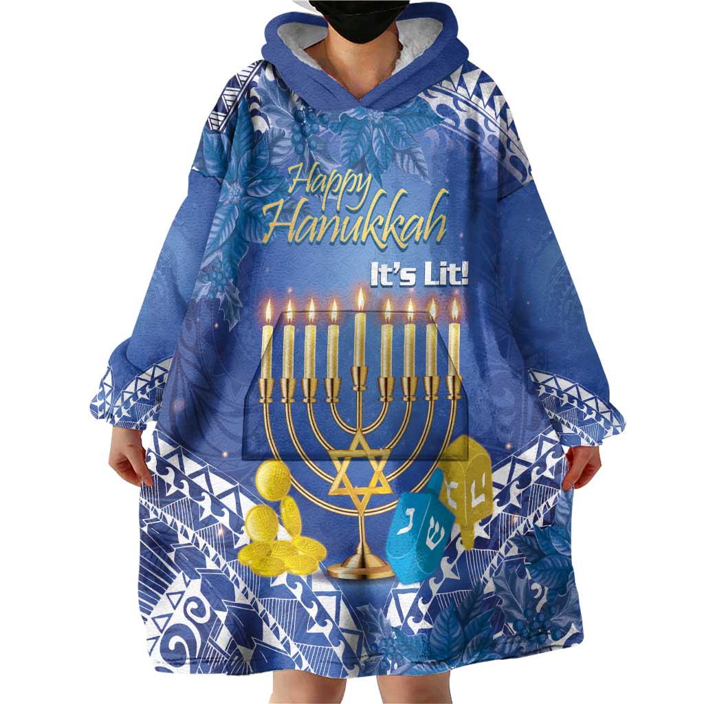 Personalised Hanukkah Jewish Festival Wearable Blanket Hoodie It's Lit - Polynesian Pattern