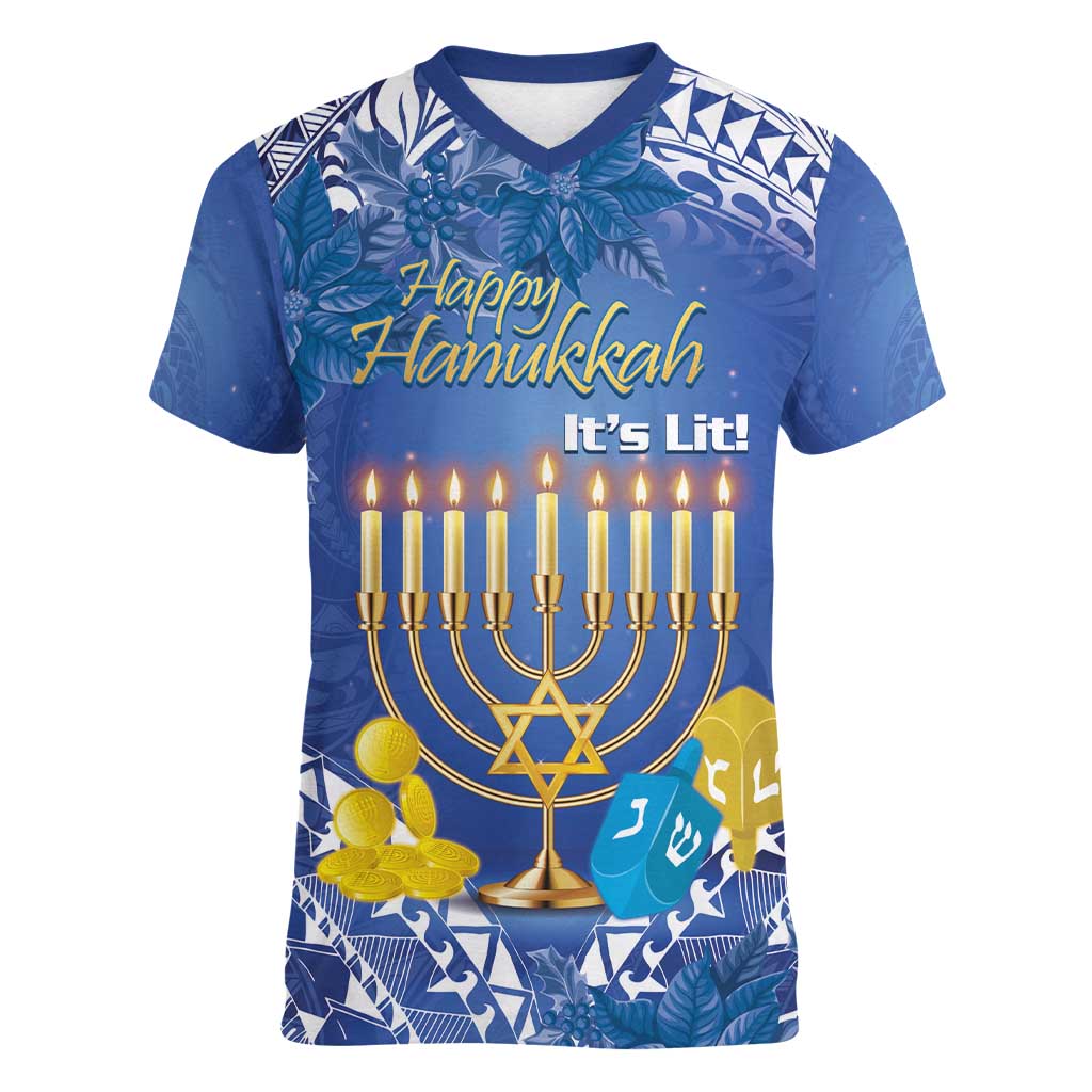 Personalised Hanukkah Jewish Festival Women V-Neck T-Shirt It's Lit - Polynesian Pattern LT14 Female Blue - Polynesian Pride