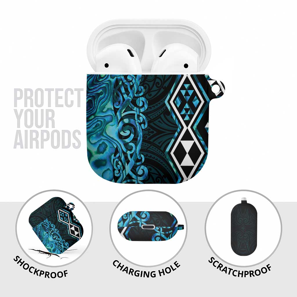 Turquoise Aotearoa AirPods Case Taniko Motifs With Paua Shell Kowhaiwhai - Polynesian Pride