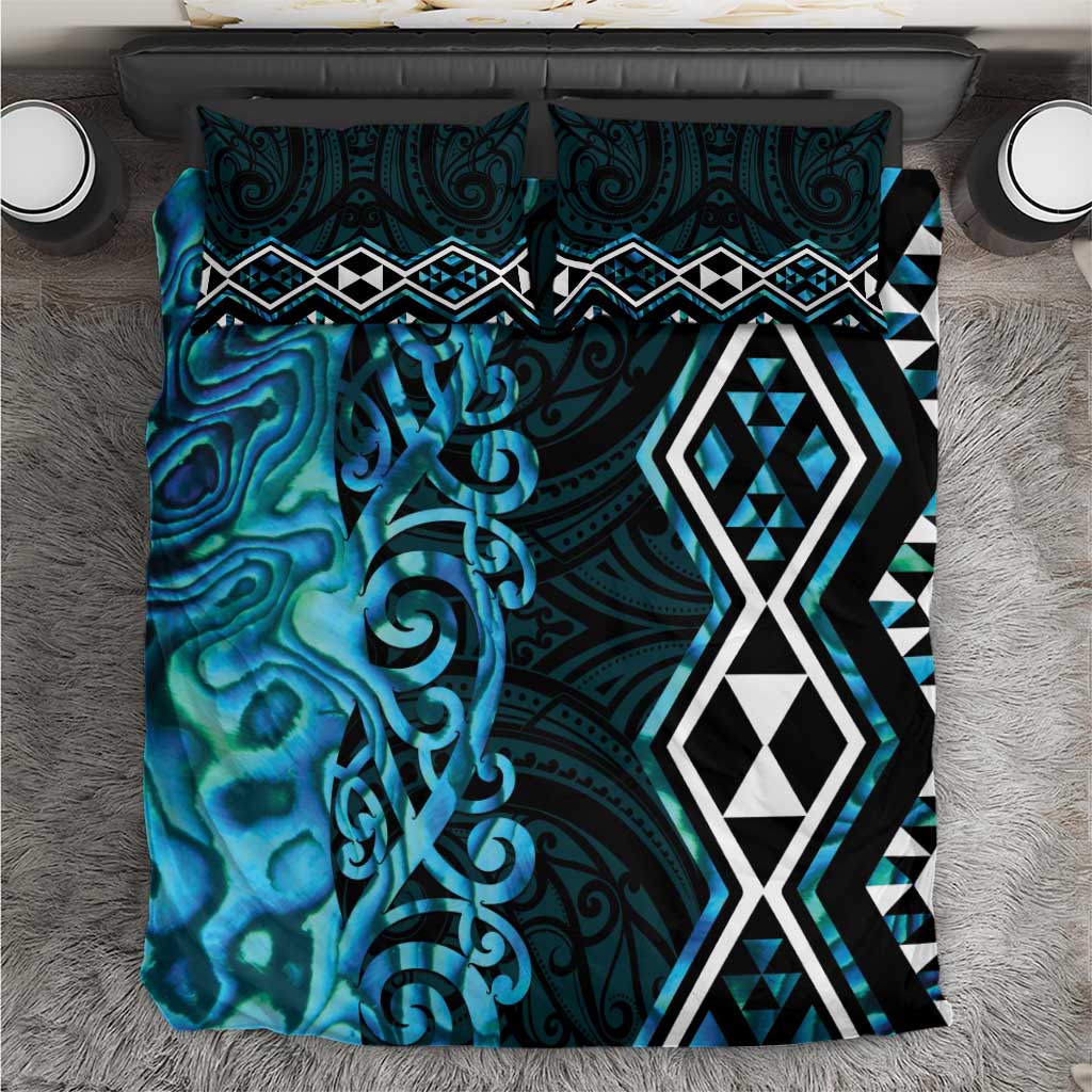 Turquoise Aotearoa Bedding Set Taniko Motifs With Paua Shell Kowhaiwhai