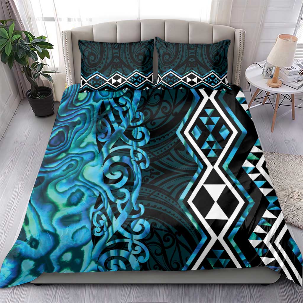 Turquoise Aotearoa Bedding Set Taniko Motifs With Paua Shell Kowhaiwhai