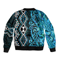 Turquoise Aotearoa Bomber Jacket Taniko Motifs With Paua Shell Kowhaiwhai