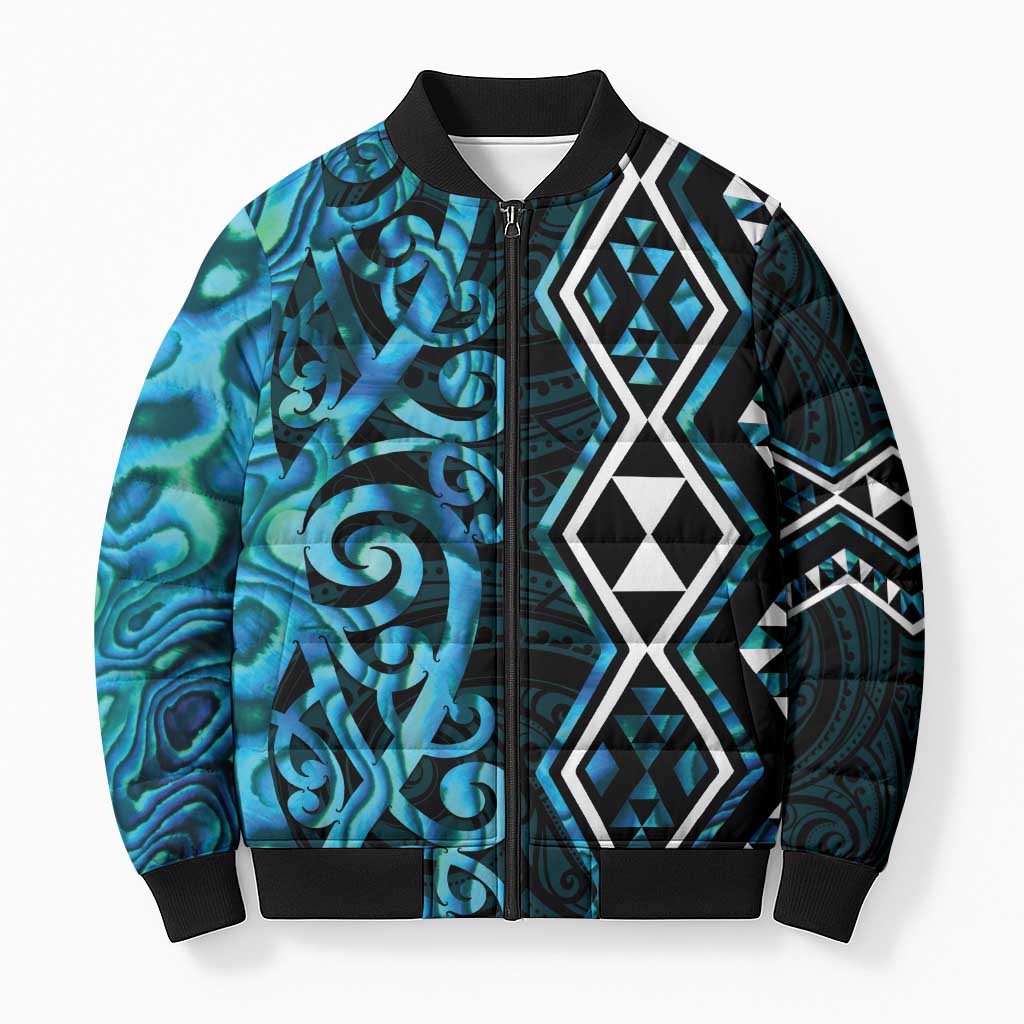 Turquoise Aotearoa Bomber Puffer Jacket Taniko Motifs With Paua Shell Kowhaiwhai LT14 Unisex Turquoise - Polynesian Pride