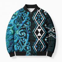 Turquoise Aotearoa Bomber Puffer Jacket Taniko Motifs With Paua Shell Kowhaiwhai LT14 Unisex Turquoise - Polynesian Pride