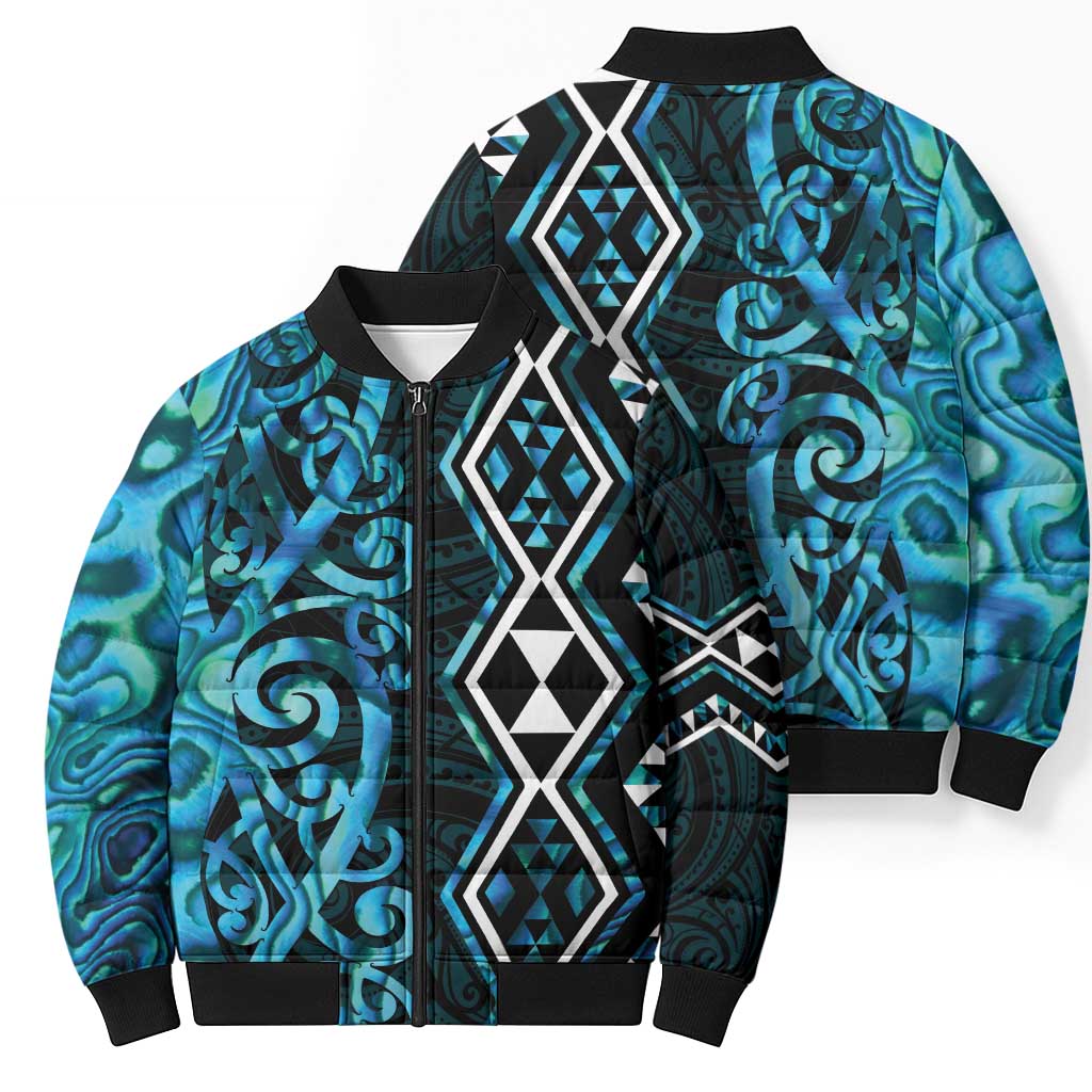 Turquoise Aotearoa Bomber Puffer Jacket Taniko Motifs With Paua Shell Kowhaiwhai LT14 - Polynesian Pride