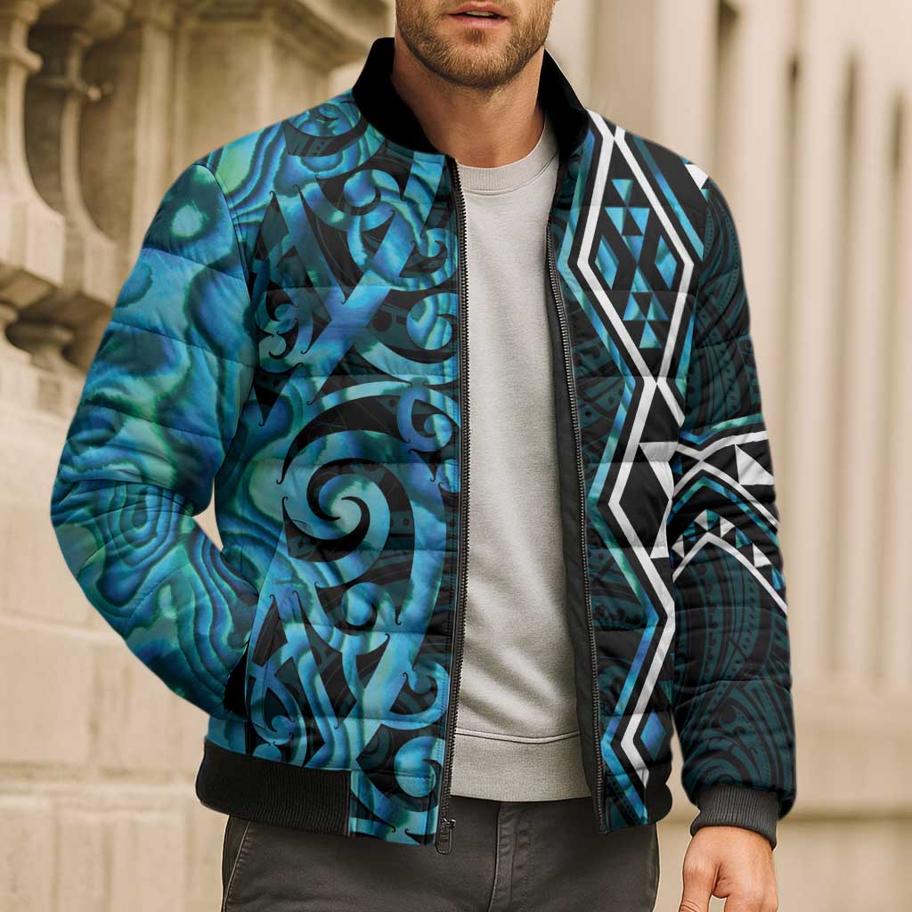 Turquoise Aotearoa Bomber Puffer Jacket Taniko Motifs With Paua Shell Kowhaiwhai LT14 - Polynesian Pride