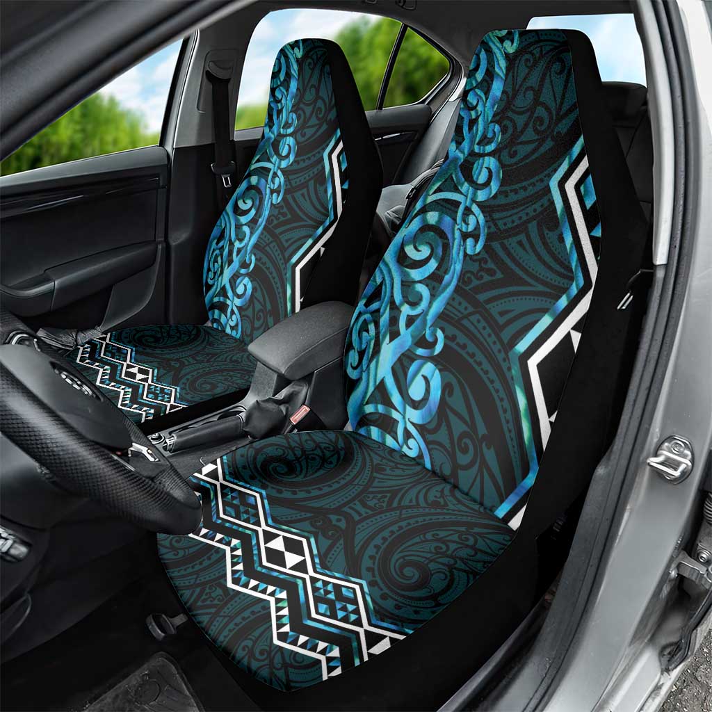 Turquoise Aotearoa Car Seat Cover Taniko Motifs With Paua Shell Kowhaiwhai