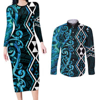 Turquoise Aotearoa Couples Matching Long Sleeve Bodycon Dress and Long Sleeve Button Shirt Taniko Motifs With Paua Shell Kowhaiwhai LT14 Turquoise - Polynesian Pride