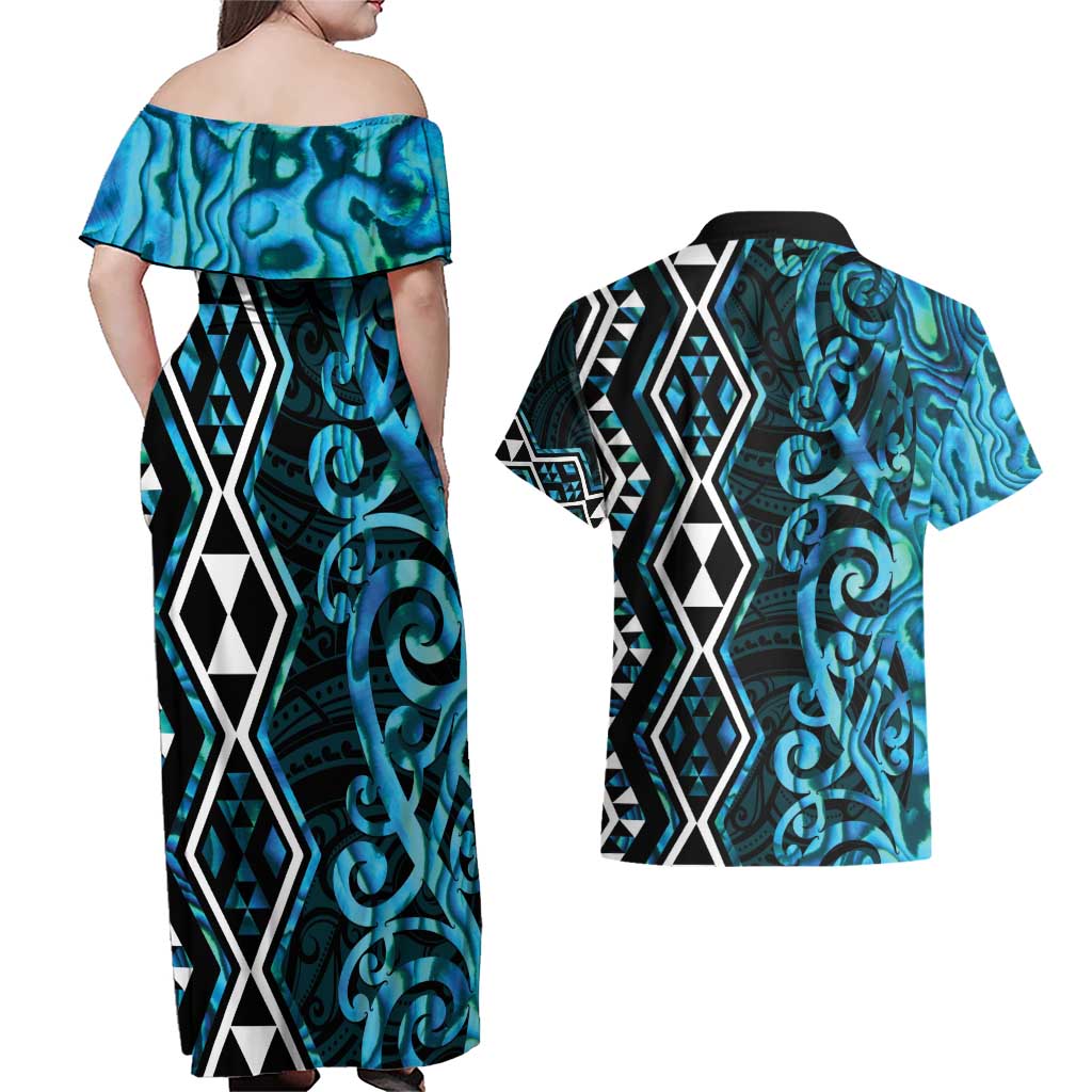 Turquoise Aotearoa Couples Matching Off Shoulder Maxi Dress and Hawaiian Shirt Taniko Motifs With Paua Shell Kowhaiwhai