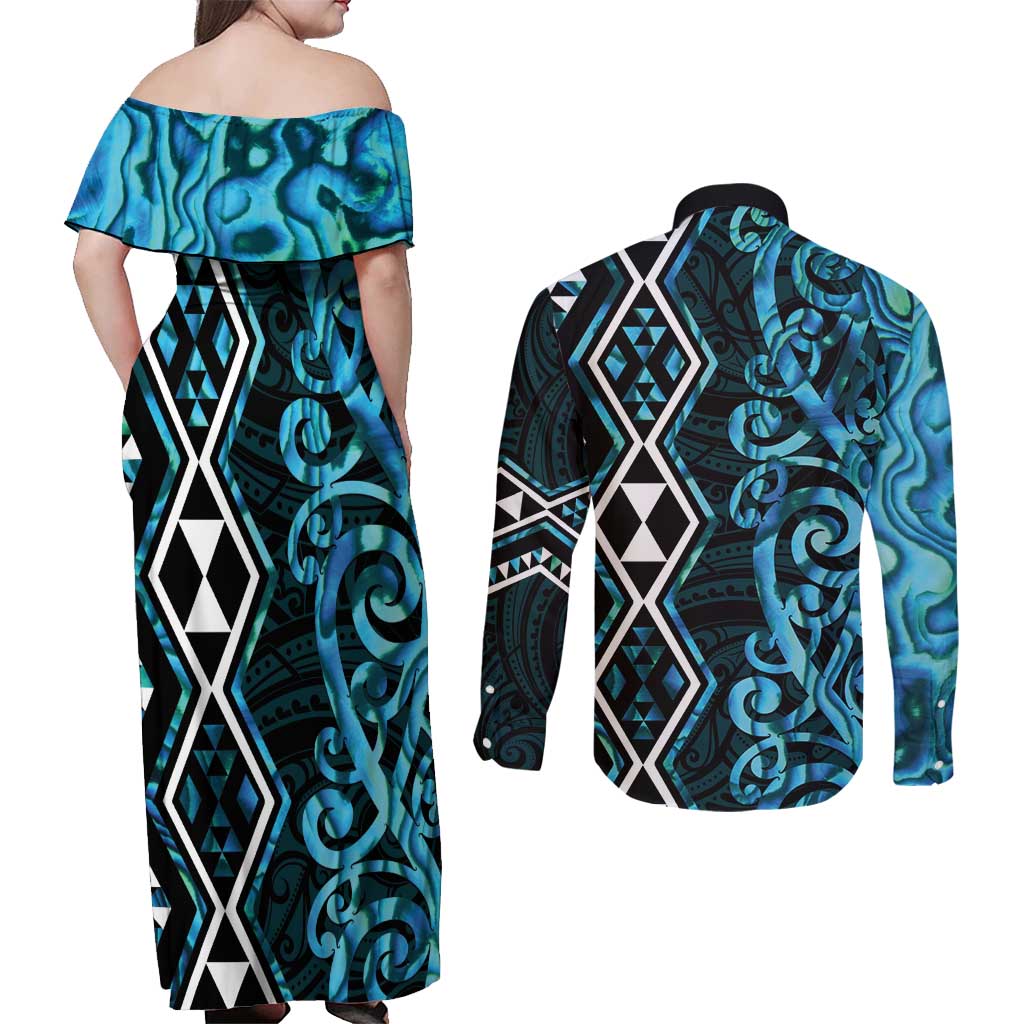 Turquoise Aotearoa Couples Matching Off Shoulder Maxi Dress and Long Sleeve Button Shirt Taniko Motifs With Paua Shell Kowhaiwhai LT14 - Polynesian Pride