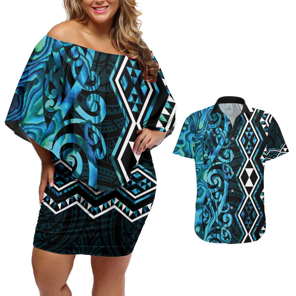 Turquoise Aotearoa Couples Matching Off Shoulder Short Dress and Hawaiian Shirt Taniko Motifs With Paua Shell Kowhaiwhai LT14 Turquoise - Polynesian Pride