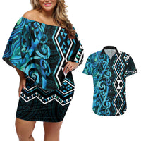 Turquoise Aotearoa Couples Matching Off Shoulder Short Dress and Hawaiian Shirt Taniko Motifs With Paua Shell Kowhaiwhai LT14 Turquoise - Polynesian Pride