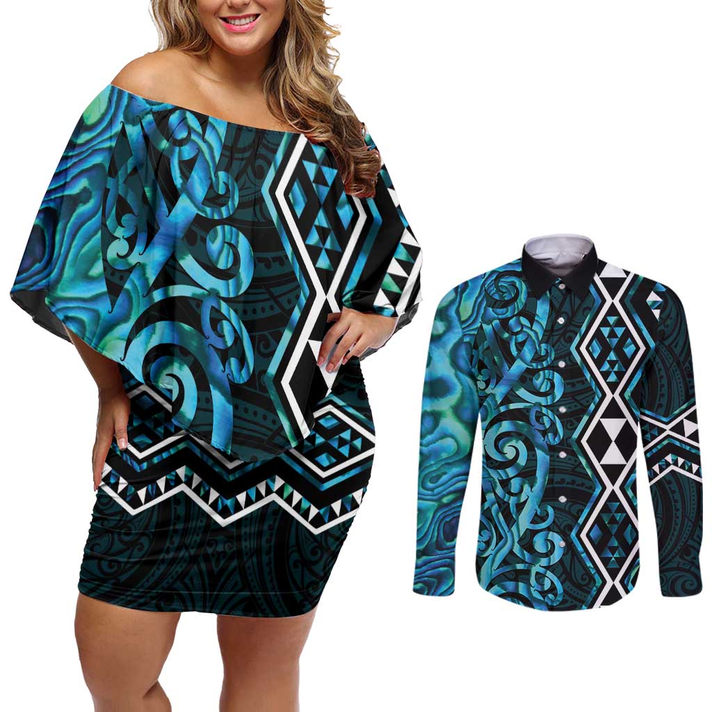 Turquoise Aotearoa Couples Matching Off Shoulder Short Dress and Long Sleeve Button Shirt Taniko Motifs With Paua Shell Kowhaiwhai LT14 Turquoise - Polynesian Pride