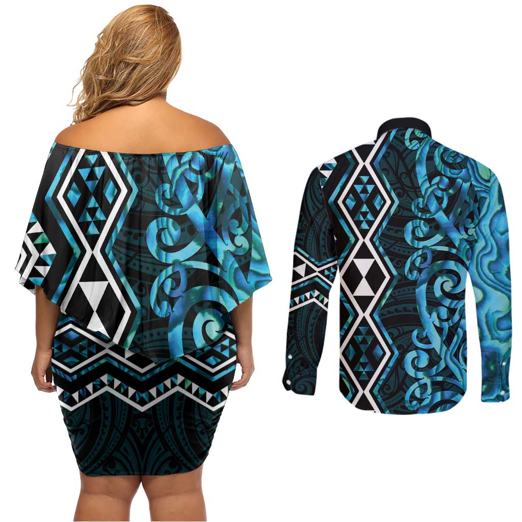 Turquoise Aotearoa Couples Matching Off Shoulder Short Dress and Long Sleeve Button Shirt Taniko Motifs With Paua Shell Kowhaiwhai LT14 - Polynesian Pride
