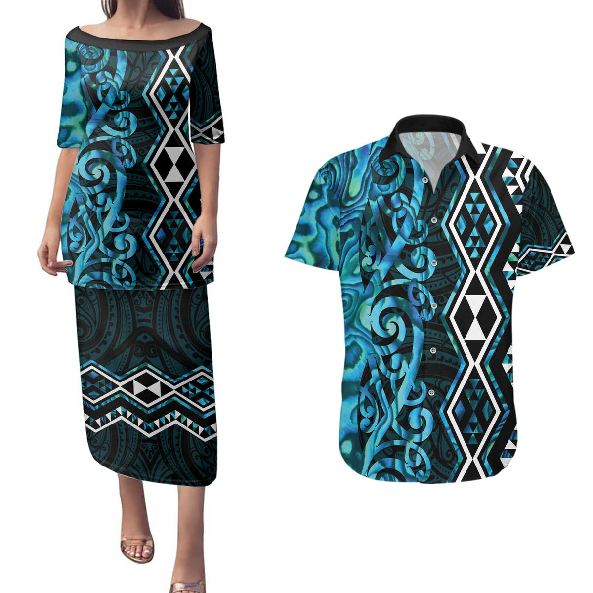 Turquoise Aotearoa Couples Matching Puletasi and Hawaiian Shirt Taniko Motifs With Paua Shell Kowhaiwhai