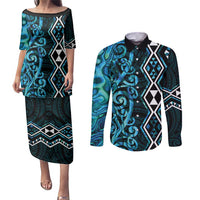 Turquoise Aotearoa Couples Matching Puletasi and Long Sleeve Button Shirt Taniko Motifs With Paua Shell Kowhaiwhai LT14 Turquoise - Polynesian Pride
