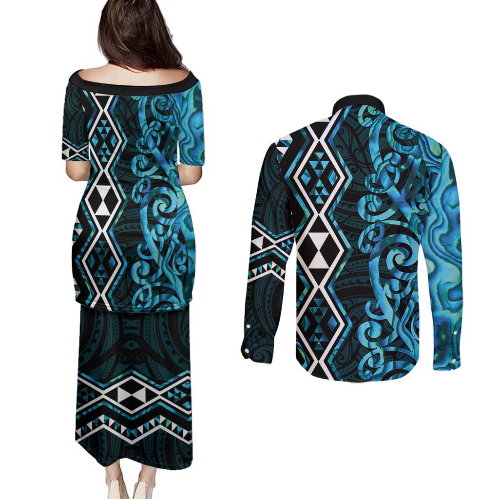 Turquoise Aotearoa Couples Matching Puletasi and Long Sleeve Button Shirt Taniko Motifs With Paua Shell Kowhaiwhai LT14 - Polynesian Pride