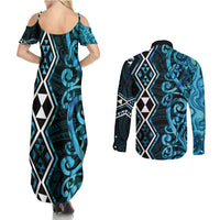 Turquoise Aotearoa Couples Matching Summer Maxi Dress and Long Sleeve Button Shirt Taniko Motifs With Paua Shell Kowhaiwhai LT14 - Polynesian Pride
