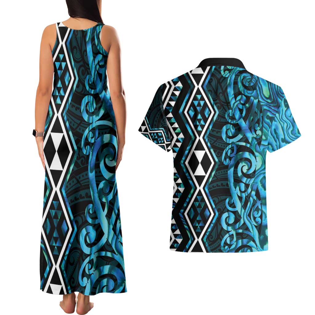 Turquoise Aotearoa Couples Matching Tank Maxi Dress and Hawaiian Shirt Taniko Motifs With Paua Shell Kowhaiwhai LT14 - Polynesian Pride