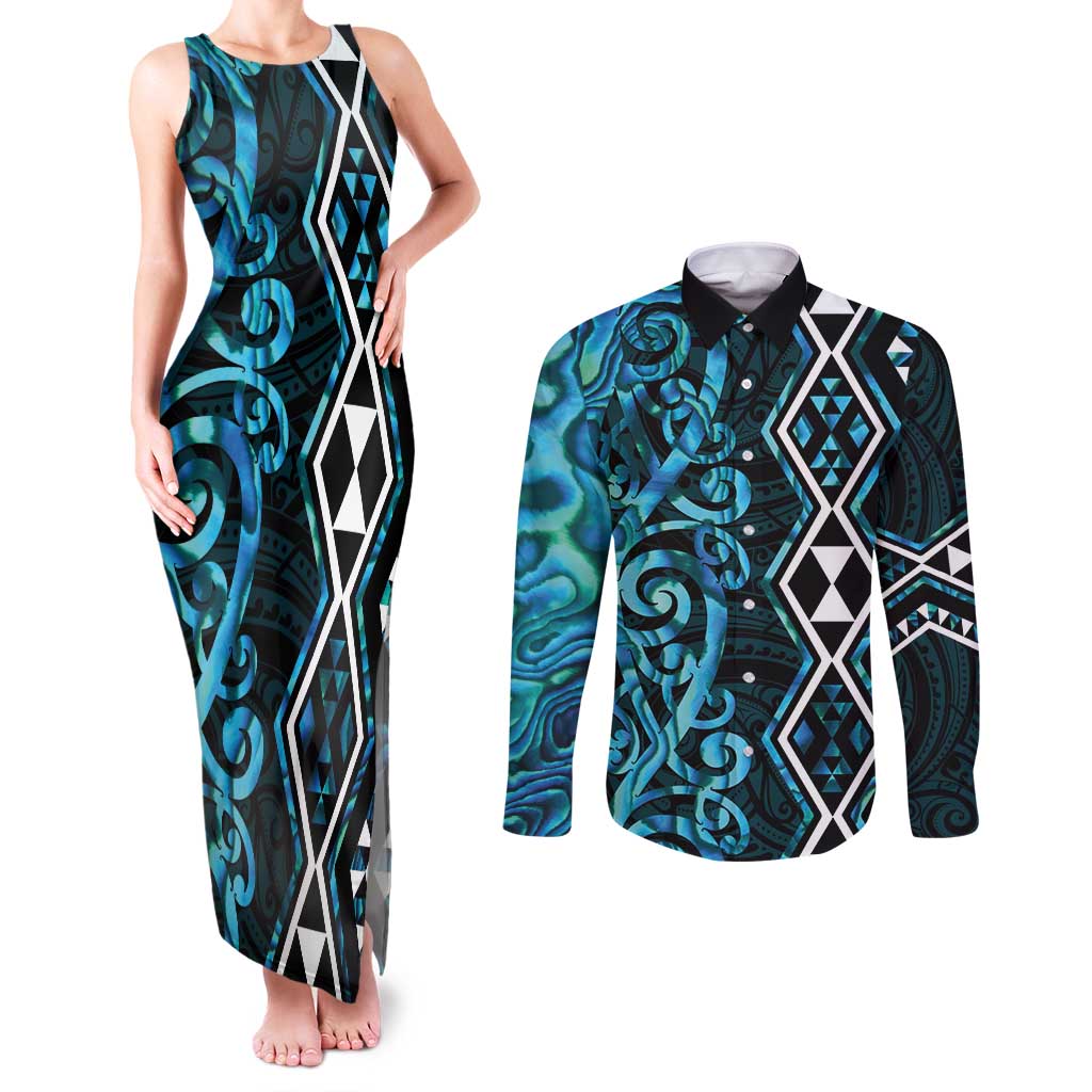 Turquoise Aotearoa Couples Matching Tank Maxi Dress and Long Sleeve Button Shirt Taniko Motifs With Paua Shell Kowhaiwhai