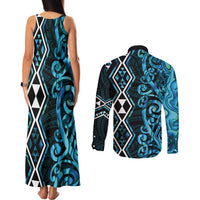 Turquoise Aotearoa Couples Matching Tank Maxi Dress and Long Sleeve Button Shirt Taniko Motifs With Paua Shell Kowhaiwhai LT14 - Polynesian Pride