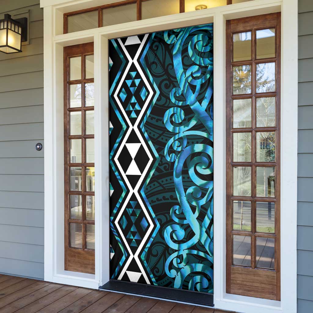 Turquoise Aotearoa Door Cover Taniko Motifs With Paua Shell Kowhaiwhai - Polynesian Pride