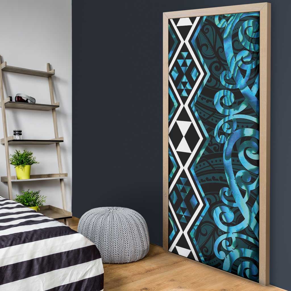 Turquoise Aotearoa Door Cover Taniko Motifs With Paua Shell Kowhaiwhai - Polynesian Pride