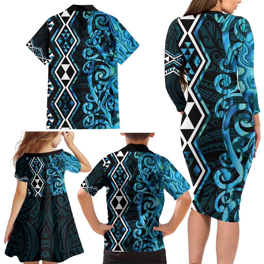 Turquoise Aotearoa Family Matching Long Sleeve Bodycon Dress and Hawaiian Shirt Taniko Motifs With Paua Shell Kowhaiwhai LT14 - Polynesian Pride
