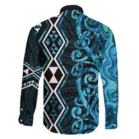 Turquoise Aotearoa Family Matching Long Sleeve Bodycon Dress and Hawaiian Shirt Taniko Motifs With Paua Shell Kowhaiwhai LT14 - Polynesian Pride