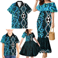 Turquoise Aotearoa Family Matching Mermaid Dress and Hawaiian Shirt Taniko Motifs With Paua Shell Kowhaiwhai LT14 - Polynesian Pride