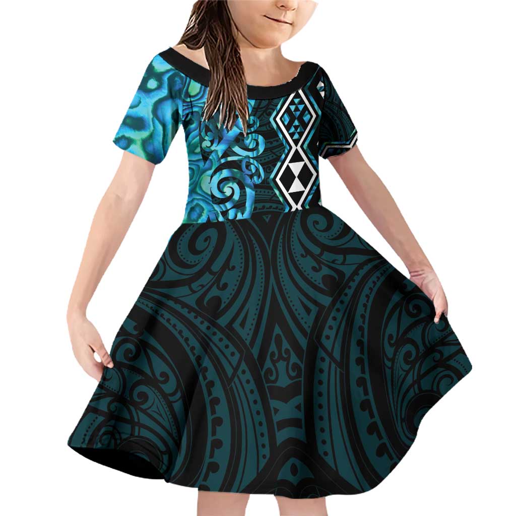 Turquoise Aotearoa Family Matching Off Shoulder Short Dress and Hawaiian Shirt Taniko Motifs With Paua Shell Kowhaiwhai LT14 Daughter's Dress Turquoise - Polynesian Pride