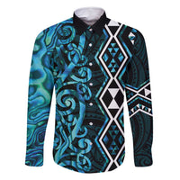 Turquoise Aotearoa Family Matching Off Shoulder Short Dress and Hawaiian Shirt Taniko Motifs With Paua Shell Kowhaiwhai LT14 Dad's Shirt - Long Sleeve Turquoise - Polynesian Pride