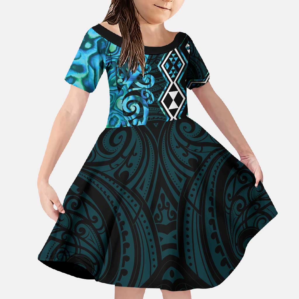Turquoise Aotearoa Family Matching Short Sleeve Bodycon Dress and Hawaiian Shirt Taniko Motifs With Paua Shell Kowhaiwhai LT14 Daughter's Dress Turquoise - Polynesian Pride