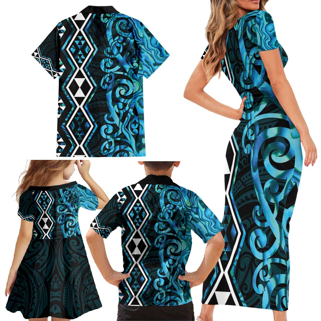 Turquoise Aotearoa Family Matching Short Sleeve Bodycon Dress and Hawaiian Shirt Taniko Motifs With Paua Shell Kowhaiwhai LT14 - Polynesian Pride
