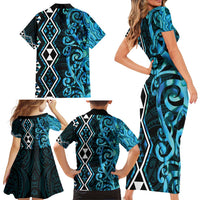 Turquoise Aotearoa Family Matching Short Sleeve Bodycon Dress and Hawaiian Shirt Taniko Motifs With Paua Shell Kowhaiwhai LT14 - Polynesian Pride
