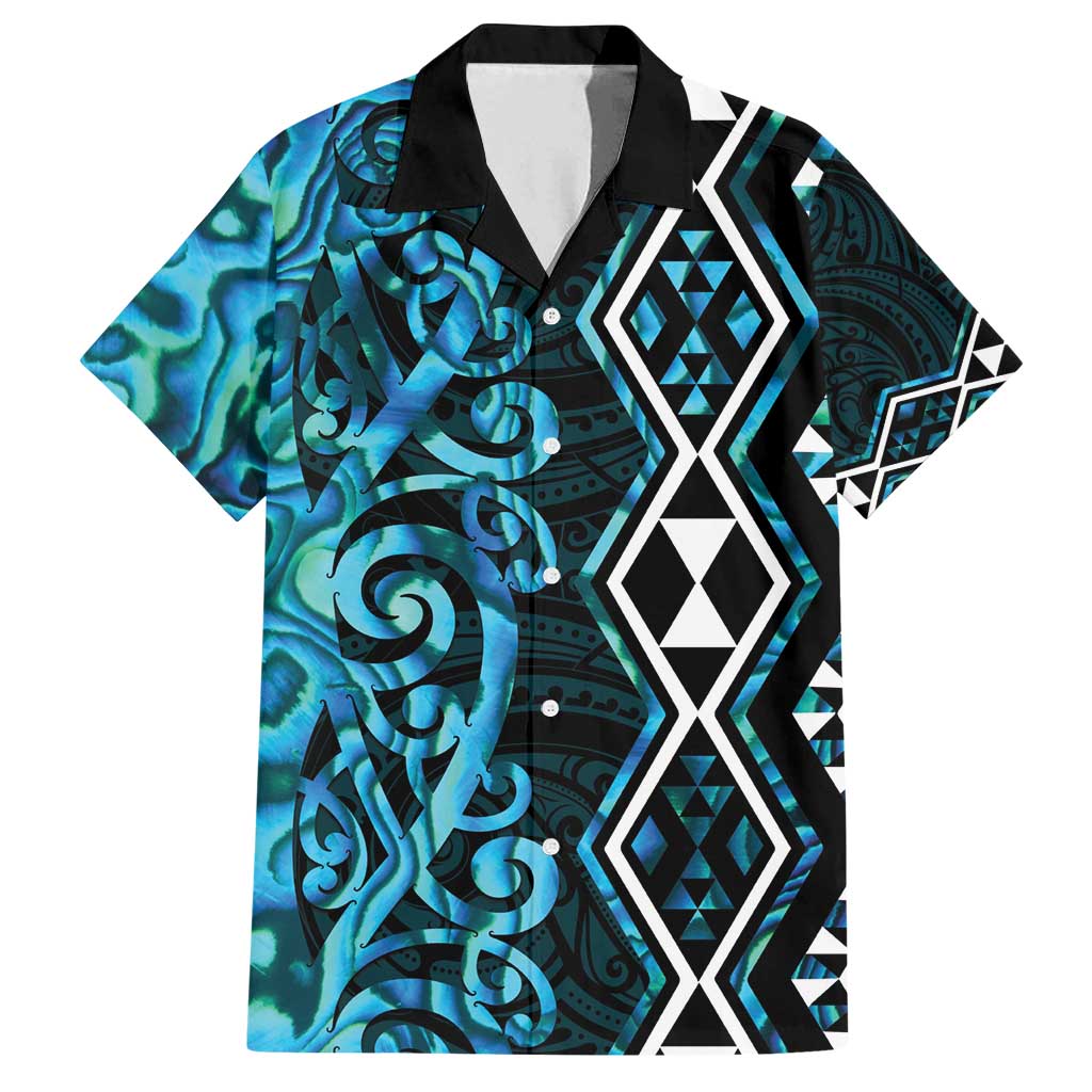 Turquoise Aotearoa Family Matching Summer Maxi Dress and Hawaiian Shirt Taniko Motifs With Paua Shell Kowhaiwhai LT14 Dad's Shirt - Short Sleeve Turquoise - Polynesian Pride