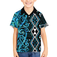Turquoise Aotearoa Family Matching Summer Maxi Dress and Hawaiian Shirt Taniko Motifs With Paua Shell Kowhaiwhai LT14 Son's Shirt Turquoise - Polynesian Pride