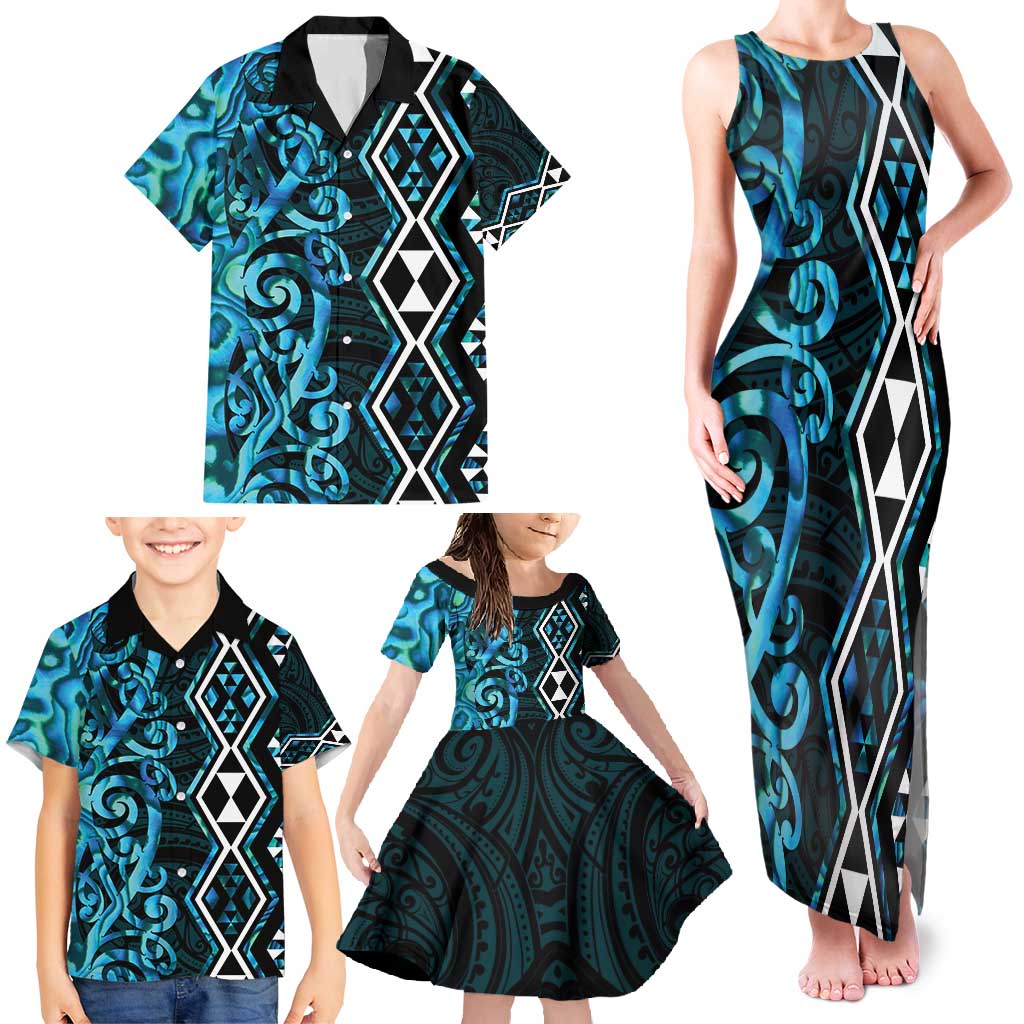 Turquoise Aotearoa Family Matching Tank Maxi Dress and Hawaiian Shirt Taniko Motifs With Paua Shell Kowhaiwhai LT14 - Polynesian Pride