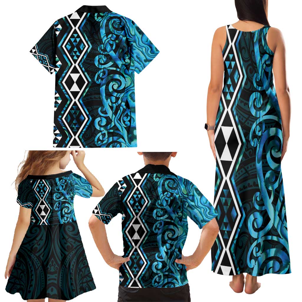 Turquoise Aotearoa Family Matching Tank Maxi Dress and Hawaiian Shirt Taniko Motifs With Paua Shell Kowhaiwhai LT14 - Polynesian Pride