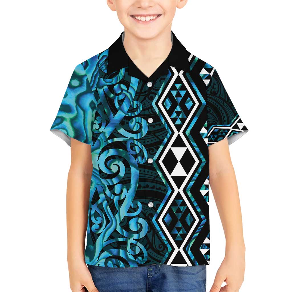 Turquoise Aotearoa Family Matching Tank Maxi Dress and Hawaiian Shirt Taniko Motifs With Paua Shell Kowhaiwhai LT14 Son's Shirt Turquoise - Polynesian Pride
