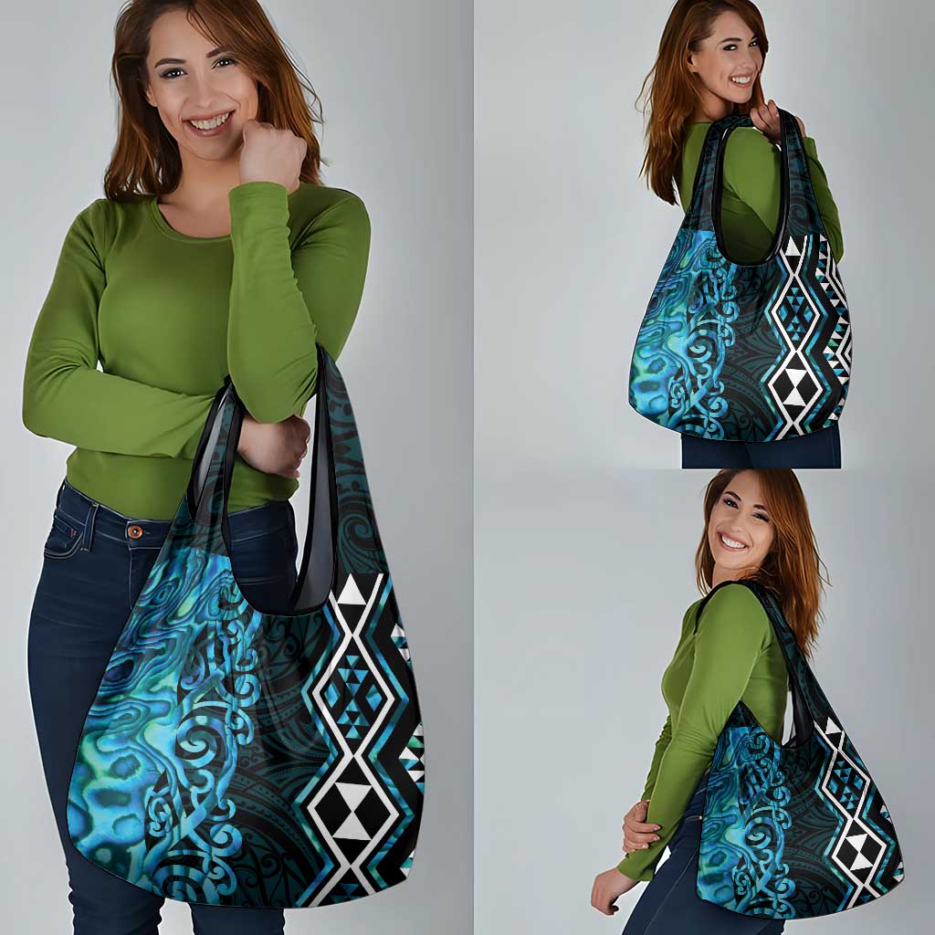 Turquoise Aotearoa Grocery Bag Taniko Motifs With Paua Shell Kowhaiwhai