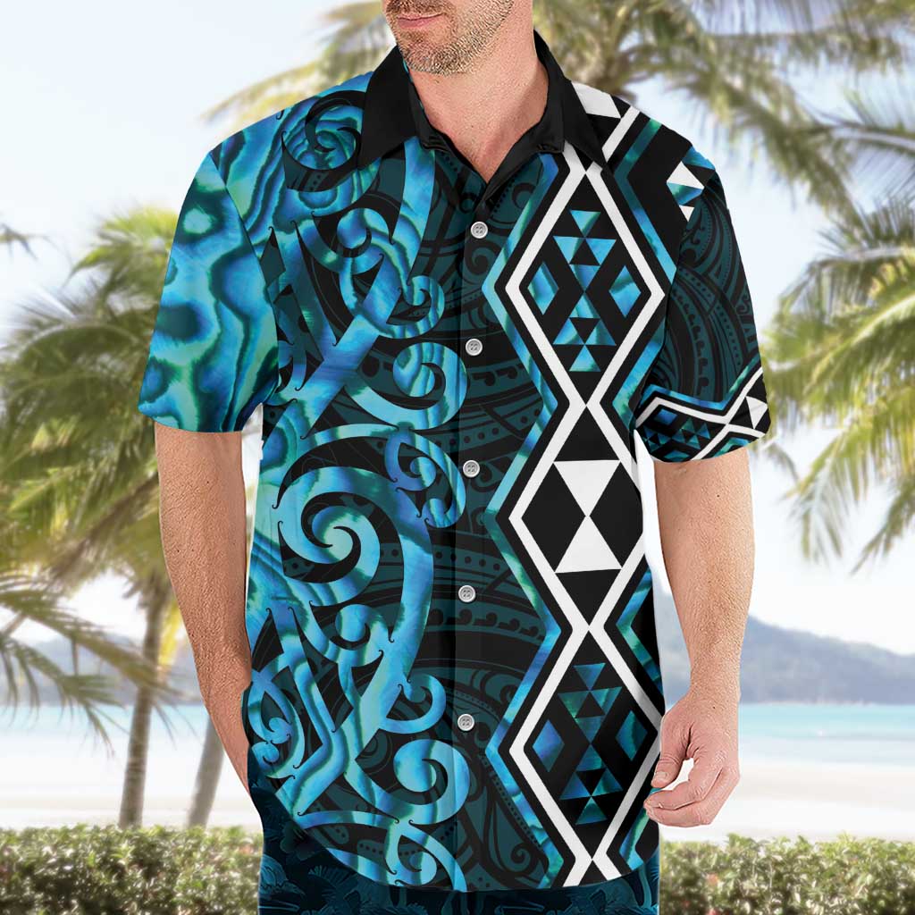 Turquoise Aotearoa Hawaiian Shirt Taniko Motifs With Paua Shell Kowhaiwhai