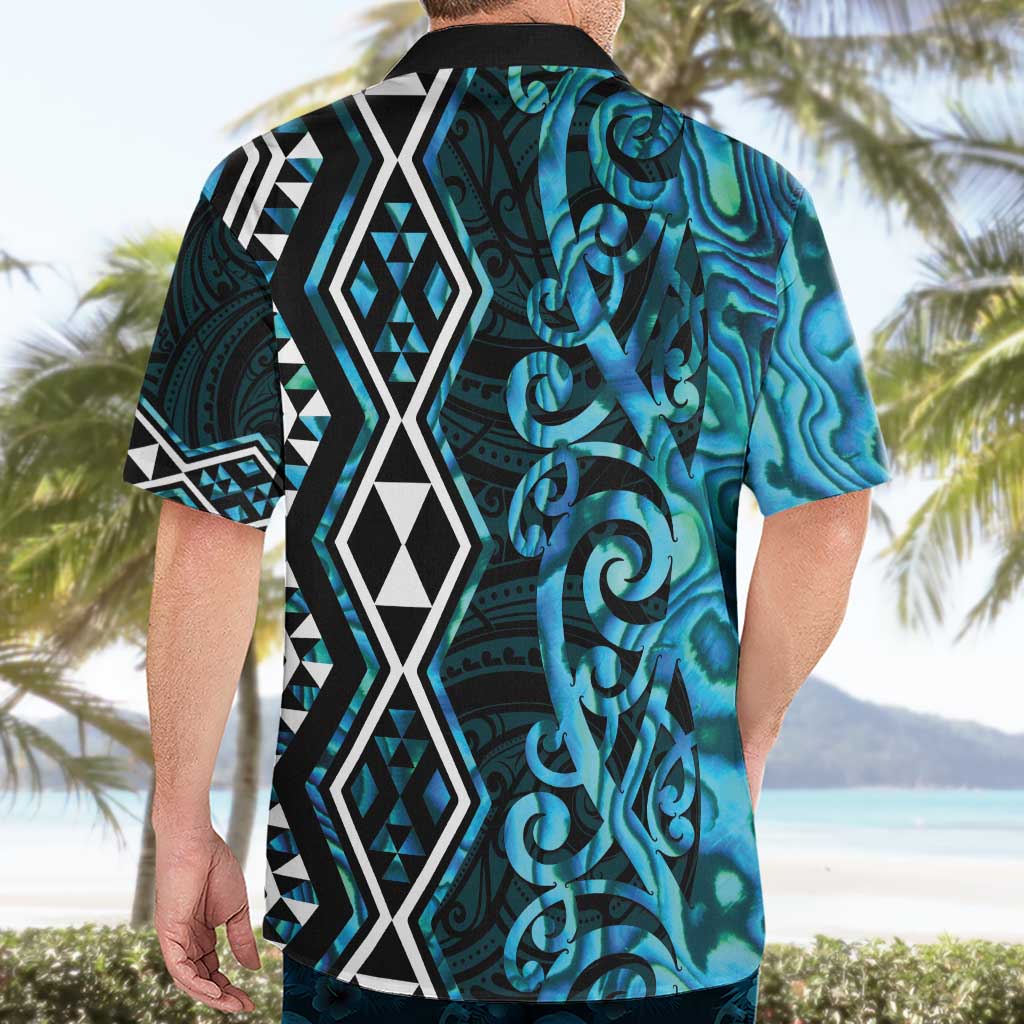 Turquoise Aotearoa Hawaiian Shirt Taniko Motifs With Paua Shell Kowhaiwhai