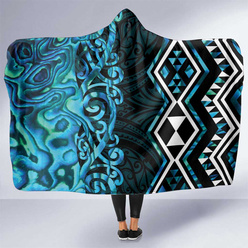 Turquoise Aotearoa Hooded Blanket Taniko Motifs With Paua Shell Kowhaiwhai