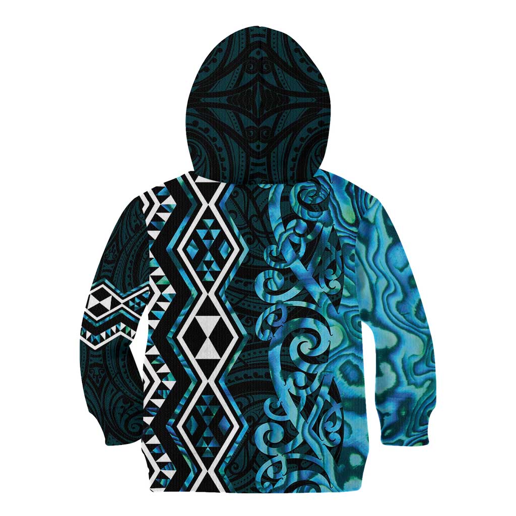 Turquoise Aotearoa Kid Hoodie Taniko Motifs With Paua Shell Kowhaiwhai