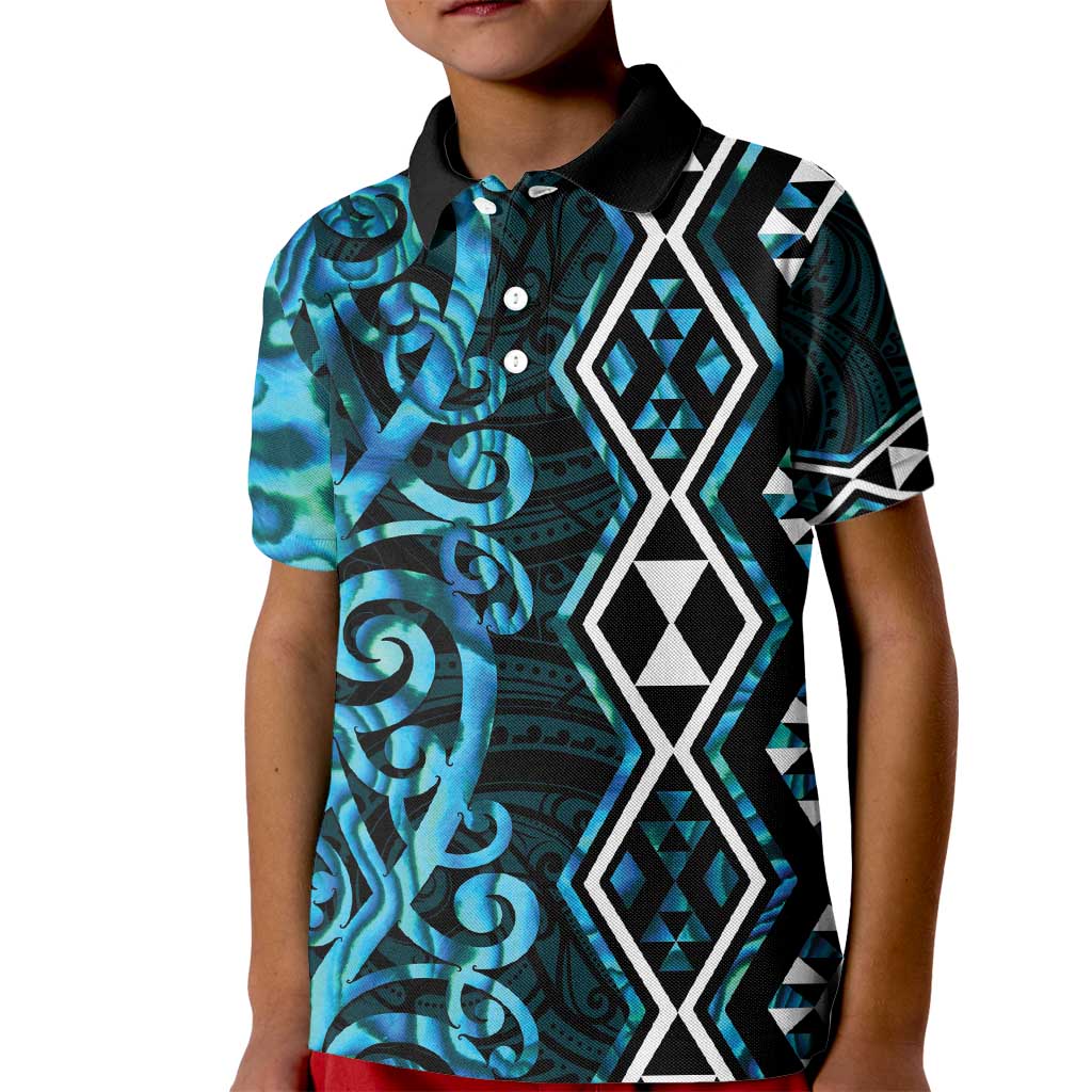 Turquoise Aotearoa Kid Polo Shirt Taniko Motifs With Paua Shell Kowhaiwhai LT14 Kid Turquoise - Polynesian Pride