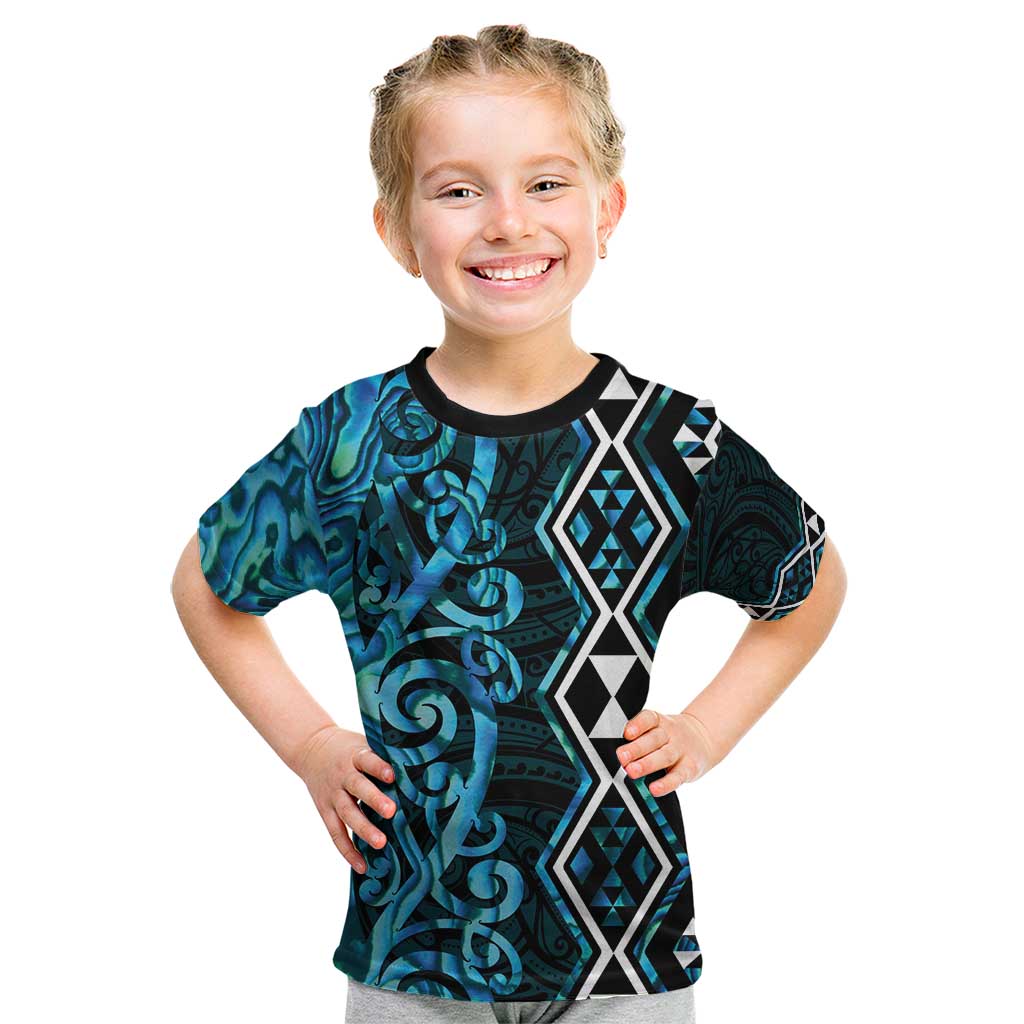 Turquoise Aotearoa Kid T Shirt Taniko Motifs With Paua Shell Kowhaiwhai LT14 Turquoise - Polynesian Pride