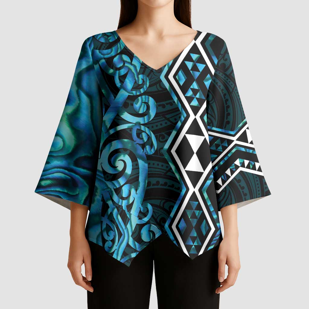 Turquoise Aotearoa Kimono Sleeve Blouse Taniko Motifs With Paua Shell Kowhaiwhai - Polynesian Pride